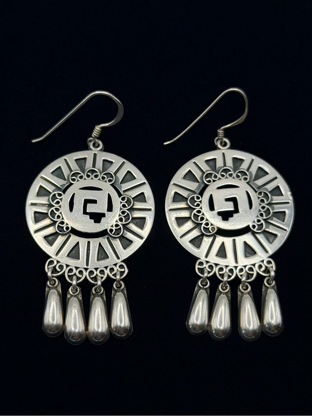 Vintage Taxco Mexico 925 Sterling Silver SW Tribal Native Dangle Earrings 15g